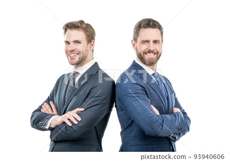 two happy business leaders in suit cross hands isolated on white, leadership two happy business leaders in suit cross hands isolated on white, leadership 93940606