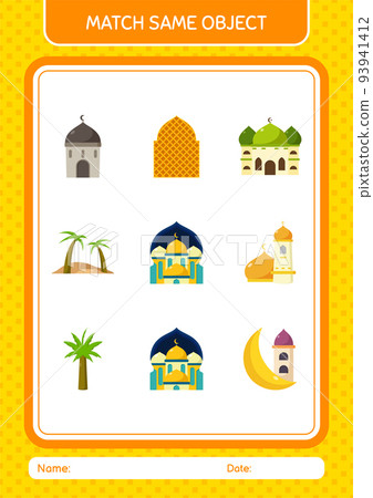 Match with same object game ramadan icon. worksheet for preschool kids, kids activity sheet Match with same object game ramadan icon. worksheet for preschool kids, kids activity sheet 93941412