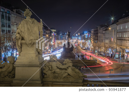 Wenceslas Square at night with blurred traffic movement, Prague, Czech Republic 93941877