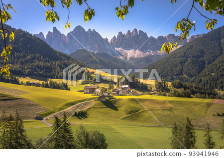 St. Magdalena village with famous church in Val di Funes, Dolomites , Italy 93941946