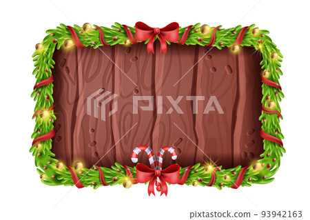 Christmas square fir wreath, wooden plank, X-mas decoration garland, vector New Year game frame.  93942163