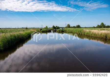 Wetland nature reserve with blue water of the lake, green grass over blue sky around Onlanden 93942420