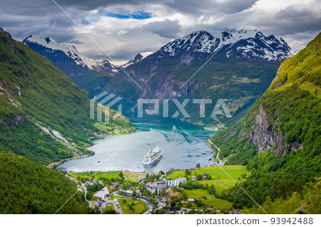Above Geiranger fjord, ship and village, Norway, Northern Europe Above Geiranger fjord, ship and village, Norway, Northern Europe 93942488