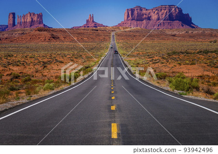 Highway Road U.S. Highway 163 and Monument Valley at sunset, Arizona, USA 93942496