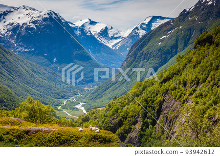 Dramatic mountains landscape in Stryn from Gamle road, western Norway 93942612