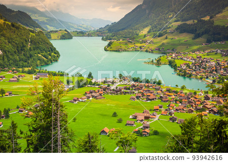 Aerial view on Lungern and turquoise lake, Switzerland, Europe 93942616