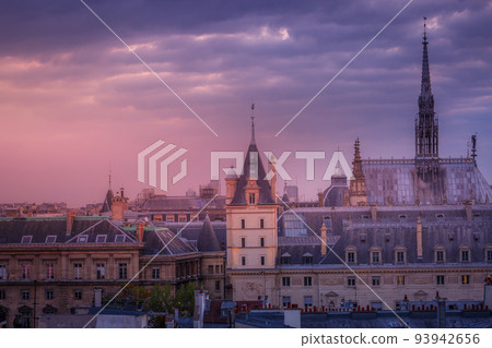 Saint Chapelle and quarter latin roofs at golden sunrise Paris, France 93942656
