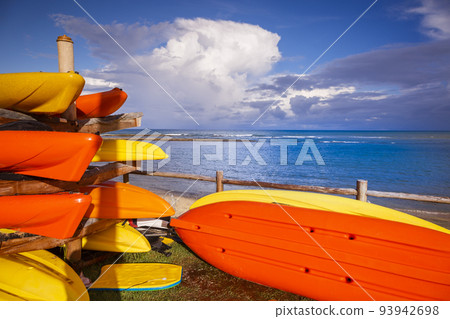 Porto Seguro Beach at sun with stand up paddles and kayaks in BAHIA, Brazil 93942698