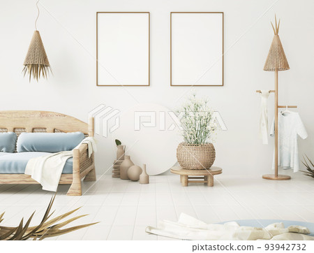 Interior design of modern living room with sofa, tropical interior, mock up poster frame on wall, 3d rendering Interior design of modern living room with sofa, tropical interior, mock up poster frame on wall, 3d rendering 93942732