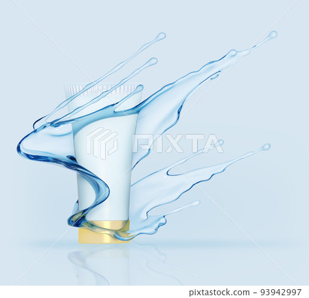 Tube of cream. Liquid cosmetics, skin care cosmetic product, body lotion in bottle body cream splash. 3d rendering. Mockup promo banner, blue background. Tube of cream. Liquid cosmetics, skin care cosmetic product, body lotion in bottle body cream splash. 3d rendering. Mockup promo banner, blue background. 93942997