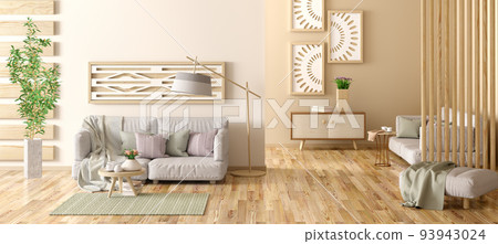 Interior design of modern living room with gray sofa, wooden paneling, 3d rendering 93943024