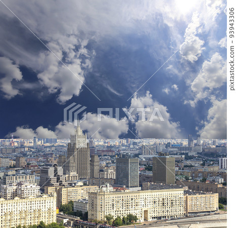 Aerial view of center of Moscow against the background of the sky with clouds (building Ministry of Foreign Affairs), Russia Aerial view of center of Moscow against the background of the sky with clouds (building Ministry of Foreign Affairs), Russia 93943306