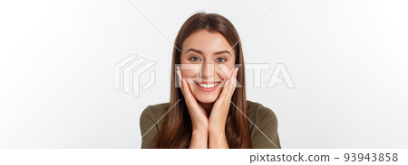 Close-up portrait of surprised beautiful girl holding her head in amazement and open-mouthed. Over white background Close-up portrait of surprised beautiful girl holding her head in amazement and open-mouthed. Over white background 93943858