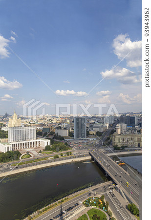 Aerial view of Moscow from observation deck located of the Radisson Collection Hotel (Hotel Ukraina). House of the Government of the RF(White House)-written in Russian, Russia Aerial view of Moscow from observation deck located of the Radisson Collection Hotel (Hotel Ukraina). House of the Government of the RF(White House)-written in Russian, Russia 93943962