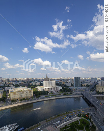 Aerial view of Moscow from observation deck located of the Radisson Collection Hotel (Hotel Ukraina). House of the Government of the RF(White House)-written in Russian, Russia Aerial view of Moscow from observation deck located of the Radisson Collection Hotel (Hotel Ukraina). House of the Government of the RF(White House)-written in Russian, Russia 93944058