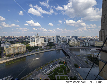 Aerial view of Moscow from observation deck located of the Radisson Collection Hotel (Hotel Ukraina). House of the Government of the RF(White House)-written in Russian, Russia Aerial view of Moscow from observation deck located of the Radisson Collection Hotel (Hotel Ukraina). House of the Government of the RF(White House)-written in Russian, Russia 93944059