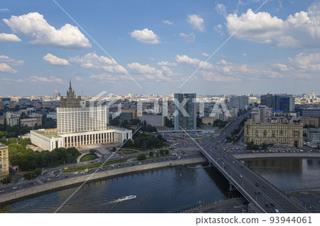 Aerial view of Moscow from observation deck located of the Radisson Collection Hotel (Hotel Ukraina). House of the Government of the RF(White House)-written in Russian, Russia Aerial view of Moscow from observation deck located of the Radisson Collection Hotel (Hotel Ukraina). House of the Government of the RF(White House)-written in Russian, Russia 93944061