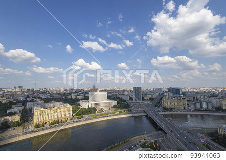 Aerial view of Moscow from observation deck located of the Radisson Collection Hotel (Hotel Ukraina). House of the Government of the RF(White House)-written in Russian, Russia 93944063