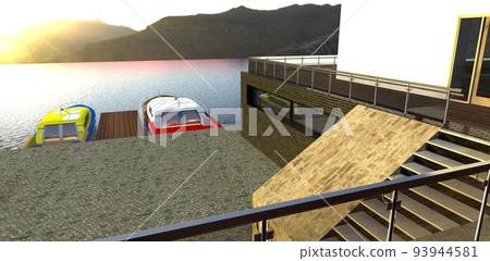 Sunset on a mountain lake. Courtyard of a modern house with a concrete harbor. Two motor boats are moored to the pier. 3d render. Sunset on a mountain lake. Courtyard of a modern house with a concrete harbor. Two motor boats are moored to the pier. 3d render. 93944581
