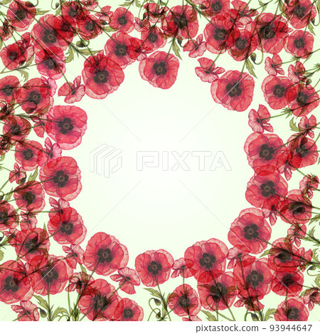 Postcard 1x1, banner framed with botanical composition of red semitransparent flowers and leaves. Space for text. Pencil drawing by hand. Poppies, on a light background in x-ray light. Postcard 1x1, banner framed with botanical composition of red semitransparent flowers and leaves. Space for text. Pencil drawing by hand. Poppies, on a light background in x-ray light. 93944647