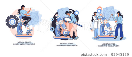 Medical research. Laboratory diagnostic services, medical device design and development scenes set metaphor 93945129
