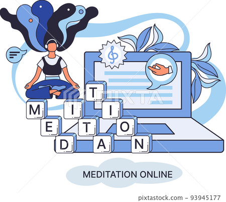 Meditation online metaphor. Practicing yoga, mental exercises. Wellness practice to restore peace of mind Meditation online metaphor. Practicing yoga, mental exercises. Wellness practice to restore peace of mind 93945177
