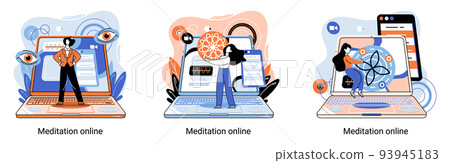 Meditation online metaphor. Practicing yoga, mental exercises. Wellness practice to restore peace of mind 93945183