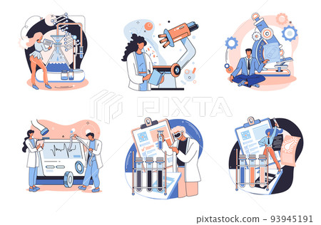 Medical research. Laboratory diagnostic services, medical device design and development scenes set metaphor 93945191