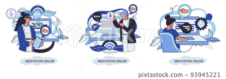 Meditation online metaphor. Practicing yoga, mental exercises. Wellness practice to restore peace of mind 93945221