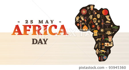 Vector Abstract Illustration, Continent of Africa with traditional elements, houses, people, trees and masks.  Graphic Design Concept. May 25 is Africa Day 93945360