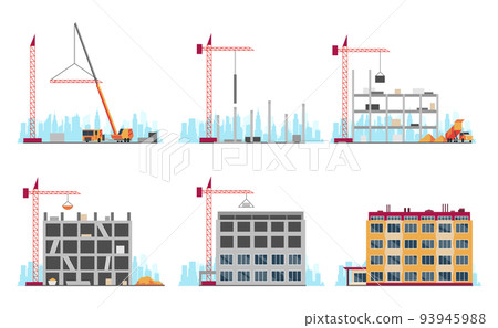 Construction site stages. Multi story house construction. Building process. Build techniques and machines. Housing development 93945988