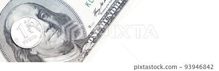 Metal coin 1 Russian ruble lies on 100 US dollars. A crisis. Economy Currency exchange. concept Metal coin 1 Russian ruble lies on 100 US dollars. A crisis. Economy Currency exchange. concept 93946842
