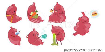 Sad sick cry and healthy strong happy smiling cute stomach character 93947366
