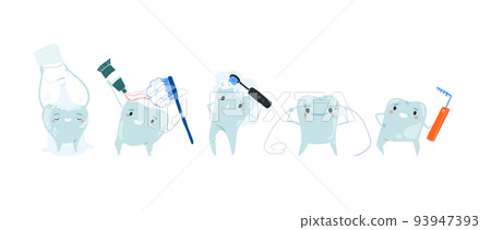 Clean teeth with mouthwash in flat design. Smiling teeth cartoon dental care. Oral healthcare with mouthwash for plaque prevention and fresh breath. 93947393