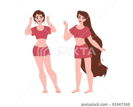 Flat vector illustration of a female with hairloss problem and alopecia in young age 93947398