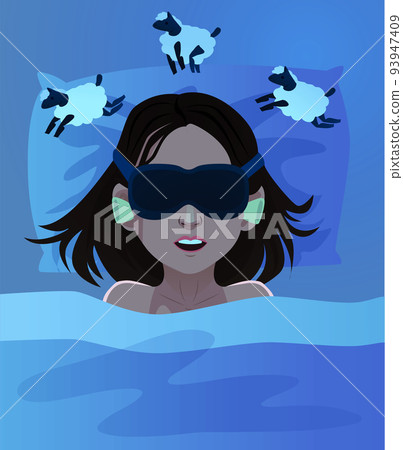 cartoon girl in pajamas sleeps at night and sees sheep 93947409