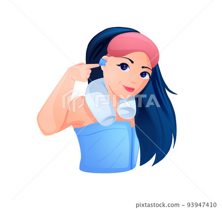 cartoon girl in pajamas pointing with her hand at the ear plugs in her ears cartoon girl in pajamas pointing with her hand at the ear plugs in her ears 93947410