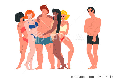 Handsome successful man being hugged and kissed by two attractive women competing for his love 93947418