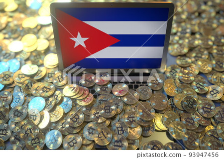 Flag of Cuba on the laptop screen and many bitcoins. National cryptocurrency regulations and crypto mining concepts, 3d rendering 93947456