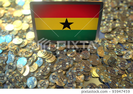 Laptop with flag of Ghana and pile of bitcoins. Cryptocurrency mining and national regulations concepts, 3d rendering 93947459
