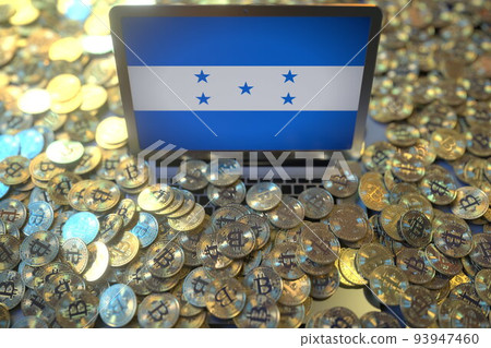 Computer with flag of Honduras and pile of bitcoins. National regulations and cryptocurrency mining conceptual 3d rendering 93947460