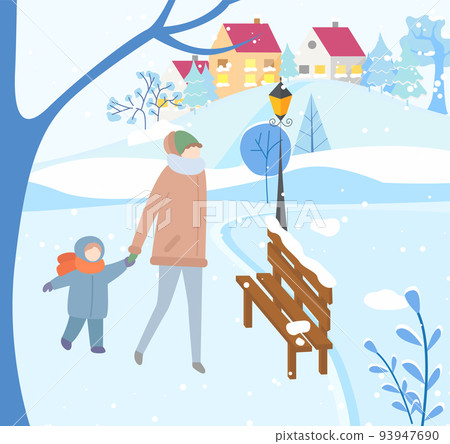 Mother and Kid Walking in City Park in Winter Mother and Kid Walking in City Park in Winter 93947690