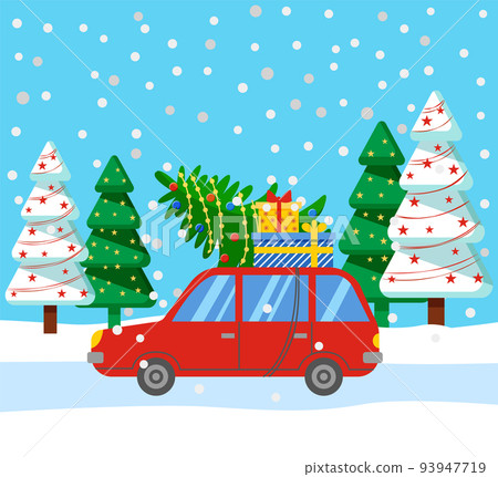 Red Car with Pine Tree and Presents in Box Vector 93947719