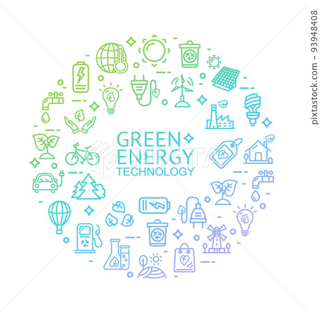 Green Energy Signs Round Design Template Thin Line Icon Concept. Vector Green Energy Signs Round Design Template Thin Line Icon Concept. Vector 93948408