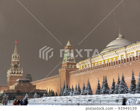 Spasskaya Tower of Moscow Kremlin at Red Square in winter Moscow Russia 93949139