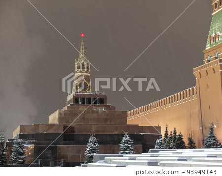 Spasskaya Tower of Moscow Kremlin at Red Square in winter Moscow Russia 93949143