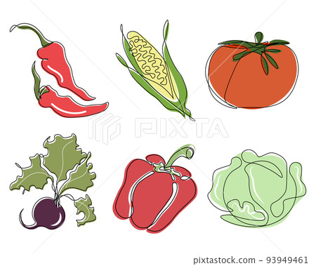 Set of vegetables, chili pepper, cabbage, beetroot, tomato, corn. Print, decor elements, vector Set of vegetables, chili pepper, cabbage, beetroot, tomato, corn. Print, decor elements, vector 93949461