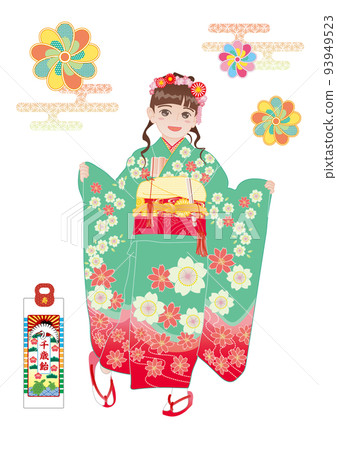 七五山穿著綠色和服的女孩（7歲矢量） 93949523