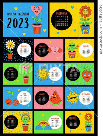 Retro groovy calendar template 2023 with cartoon funny characters flower power, sun, heart, cactus, rainbow on psychedelic background. Vector. Horizontal 12 pages and cover. English. Week from sunday. 93950556