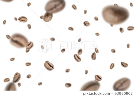 Coffee beans falling background. Black espresso coffee bean flying. Aromatic grain fall isolated on white. Represent breakfast for energy and freshness concept. 93950902